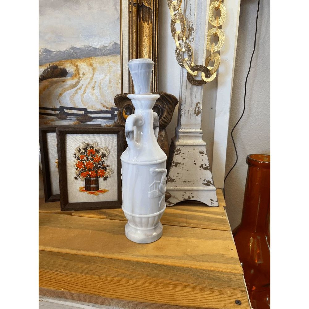 Vintage 1971 Jim Beam Discus Bottle White Marble Slag Glass Greek